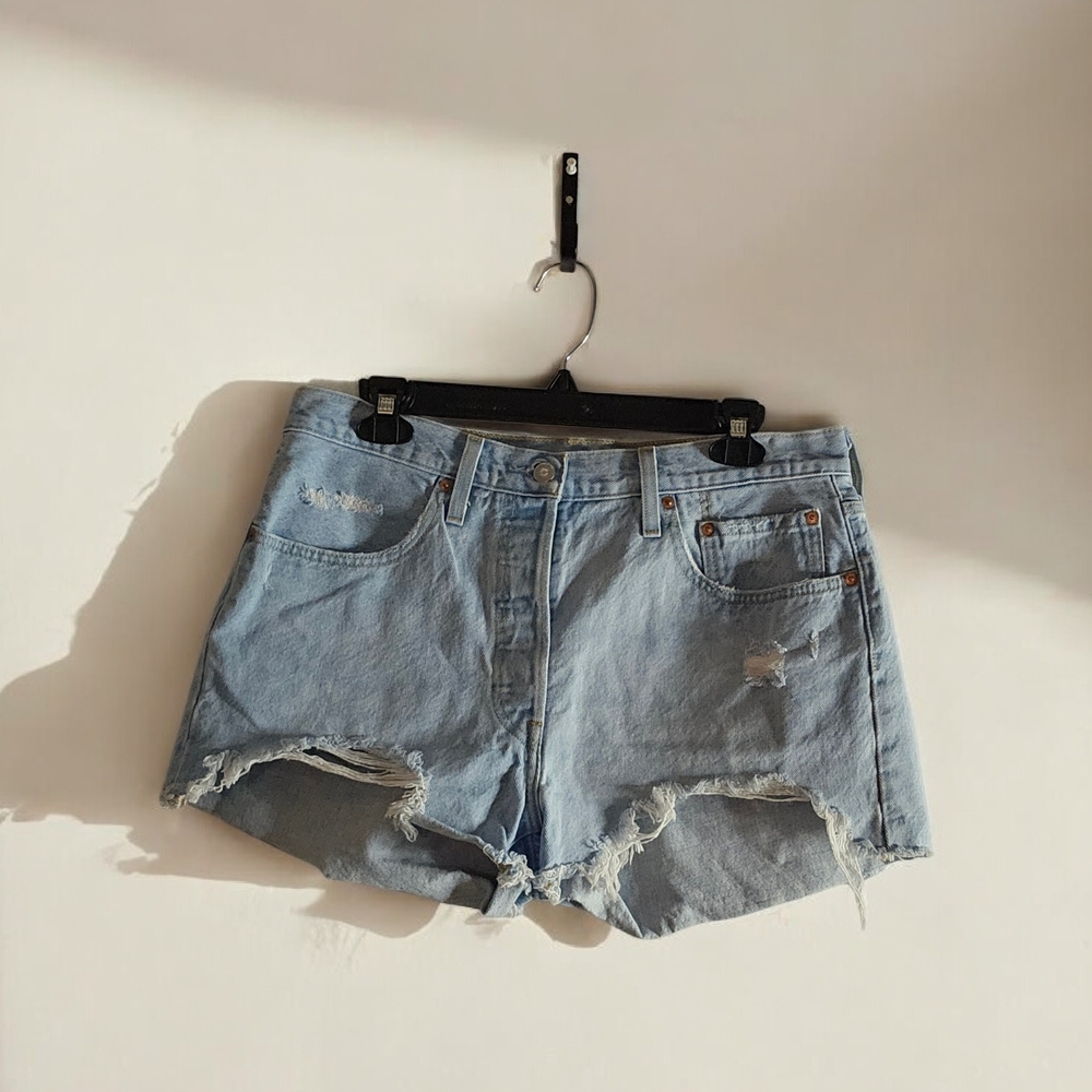 Levi's 501 Light Blue Wash Ripped Jean Shorts